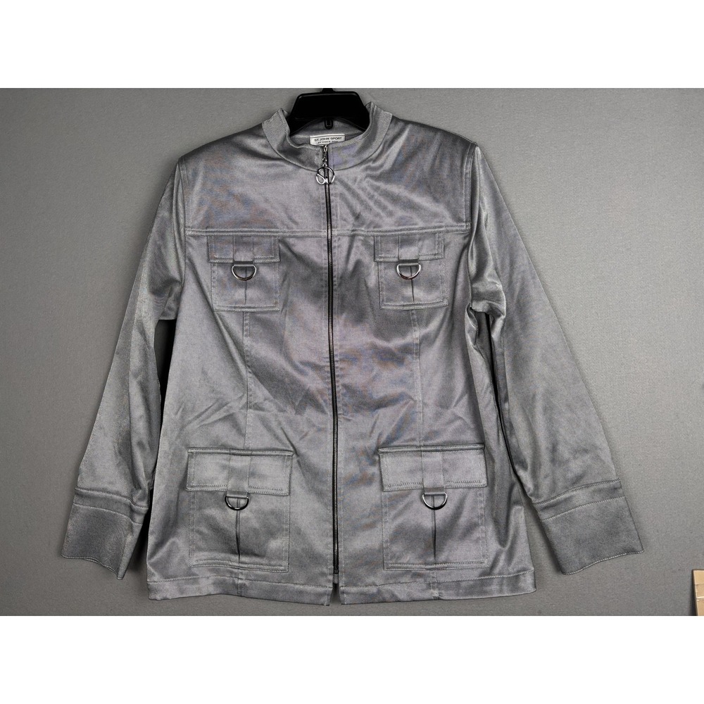 St John Sport Jacket Womens Large Gray Military Twill Zip Utility USA 7083